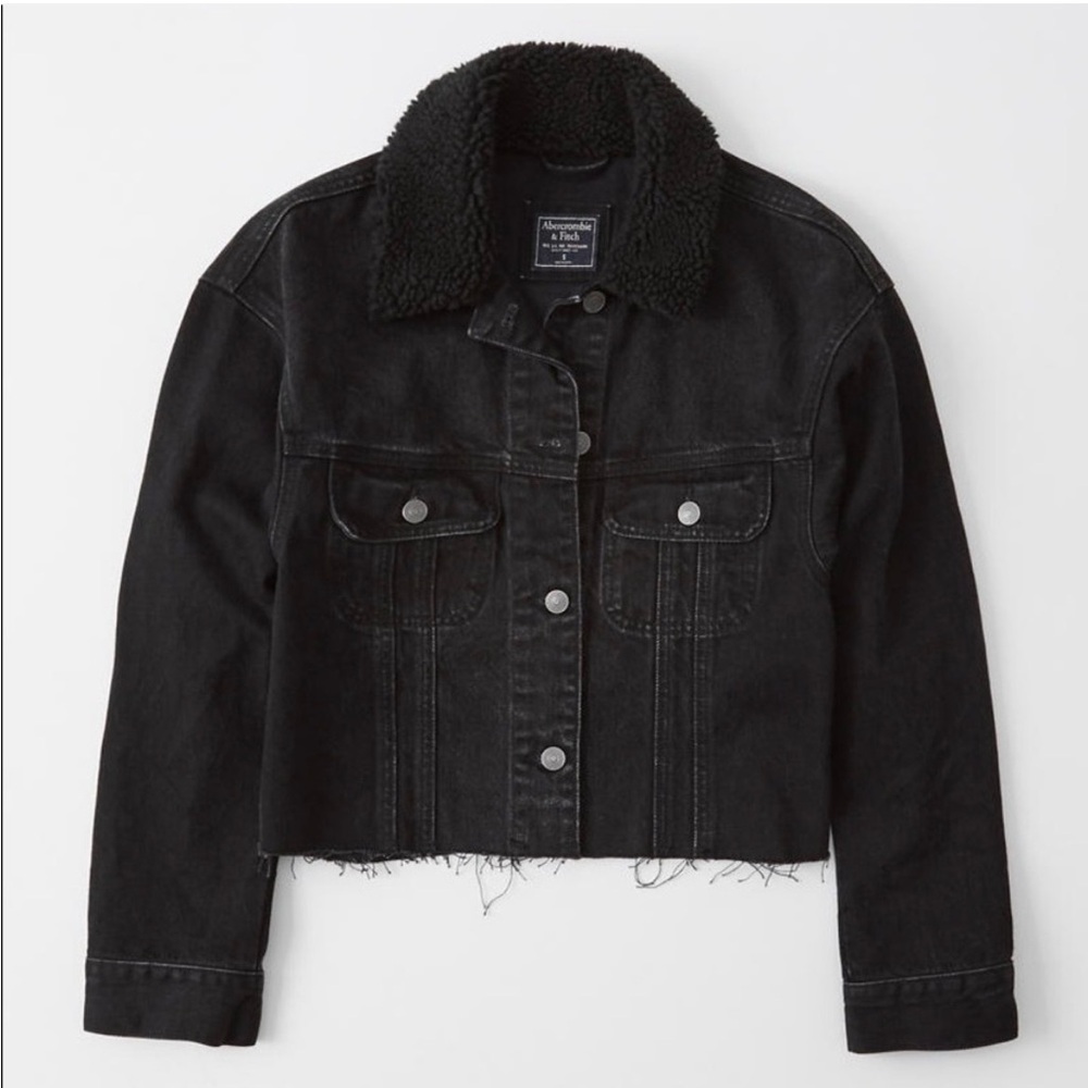Abercrombie & Fitch Black Sherpa Collar Cropped Denim Jacket